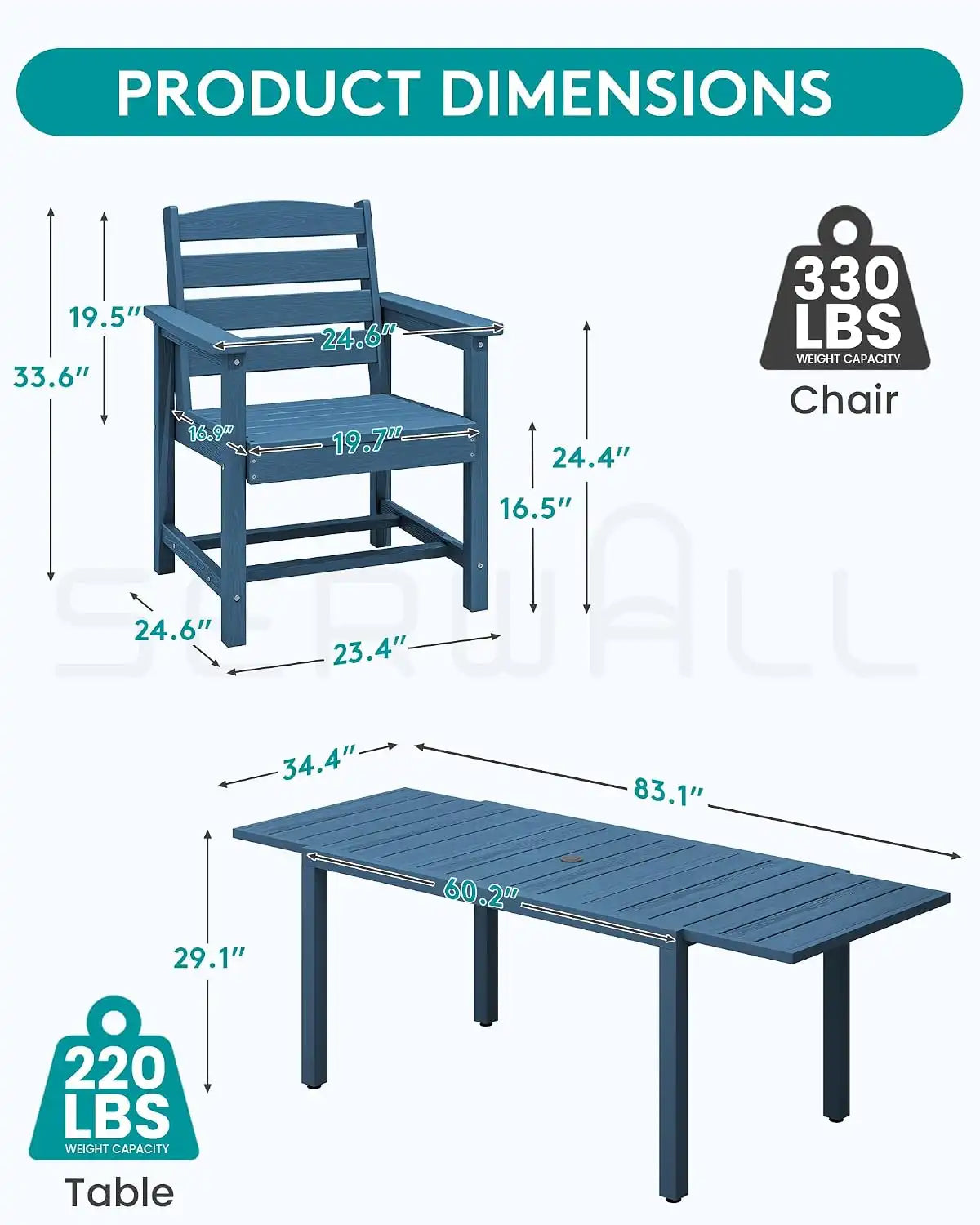 SERWALL HDPE and Aluminum Outdoor Dining Set for 8, Blue