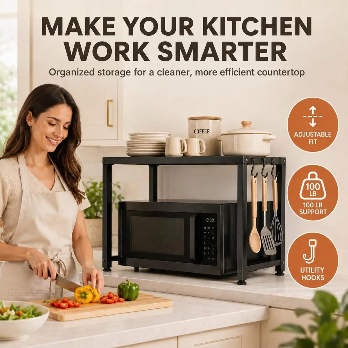 Microwave Rack, Adjustable Carbon Steel Stand with 3 Hooks