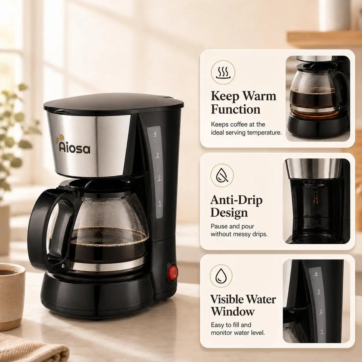 4 Cup Mini Drip Coffee Maker, Reusable Filter, Keep Warm, Anti-Drip