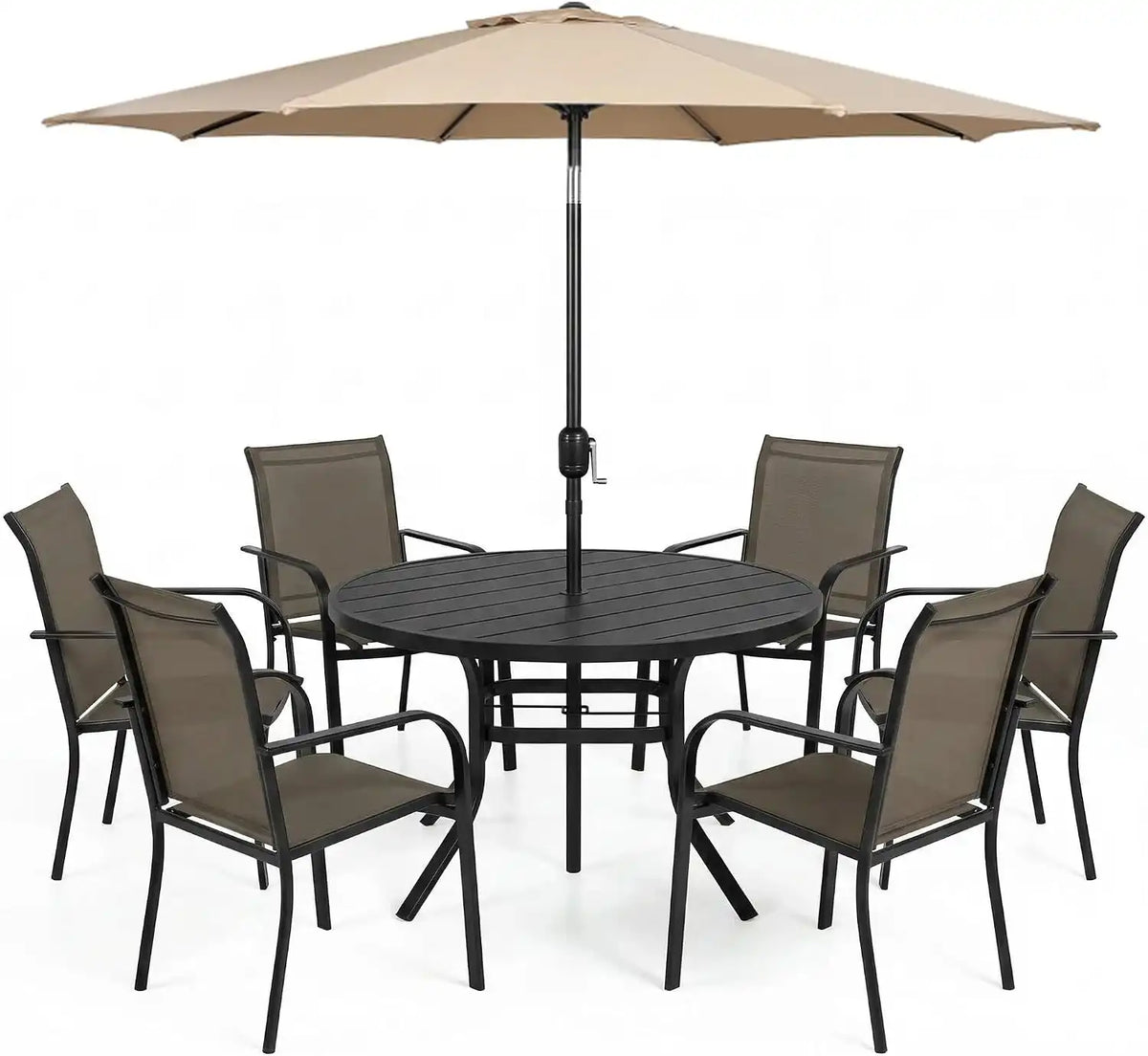 SUNCROWN 8 - Piece Outdoor Dining Set, Patio Furniture Set with 6 Textilene Dinning Chairs, 53" Metal Round Table and 1 Brown 9Ft Patio Umbrella for Lawn Garden Backyard Deck, Brown