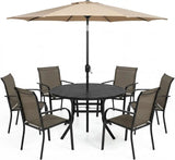 SUNCROWN 8 - Piece Outdoor Dining Set, Patio Furniture Set with 6 Textilene Dinning Chairs, 53" Metal Round Table and 1 Brown 9Ft Patio Umbrella for Lawn Garden Backyard Deck, Brown