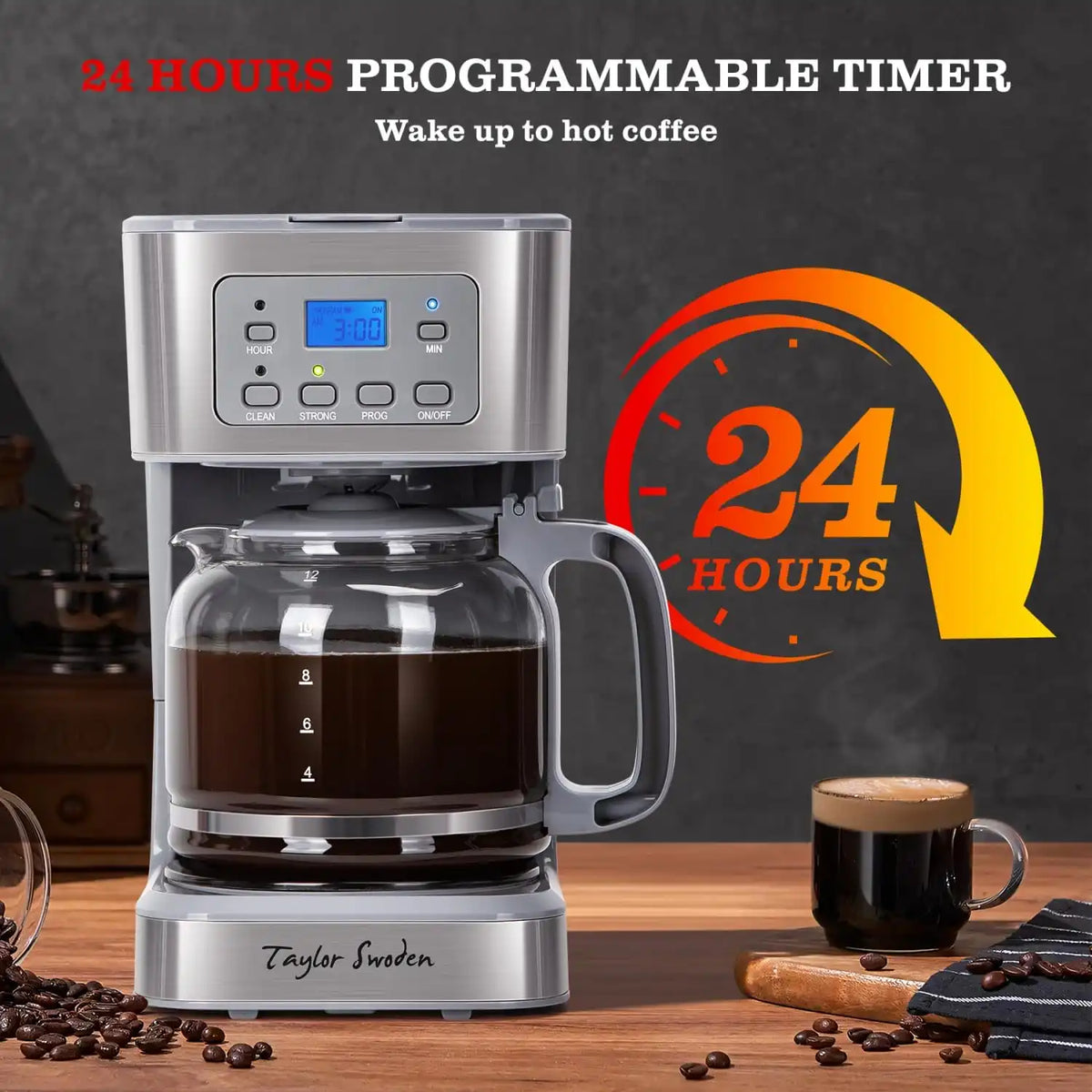 Taylor Swoden 12-Cup Programmable Coffee Maker, Gray & Stainless Steel