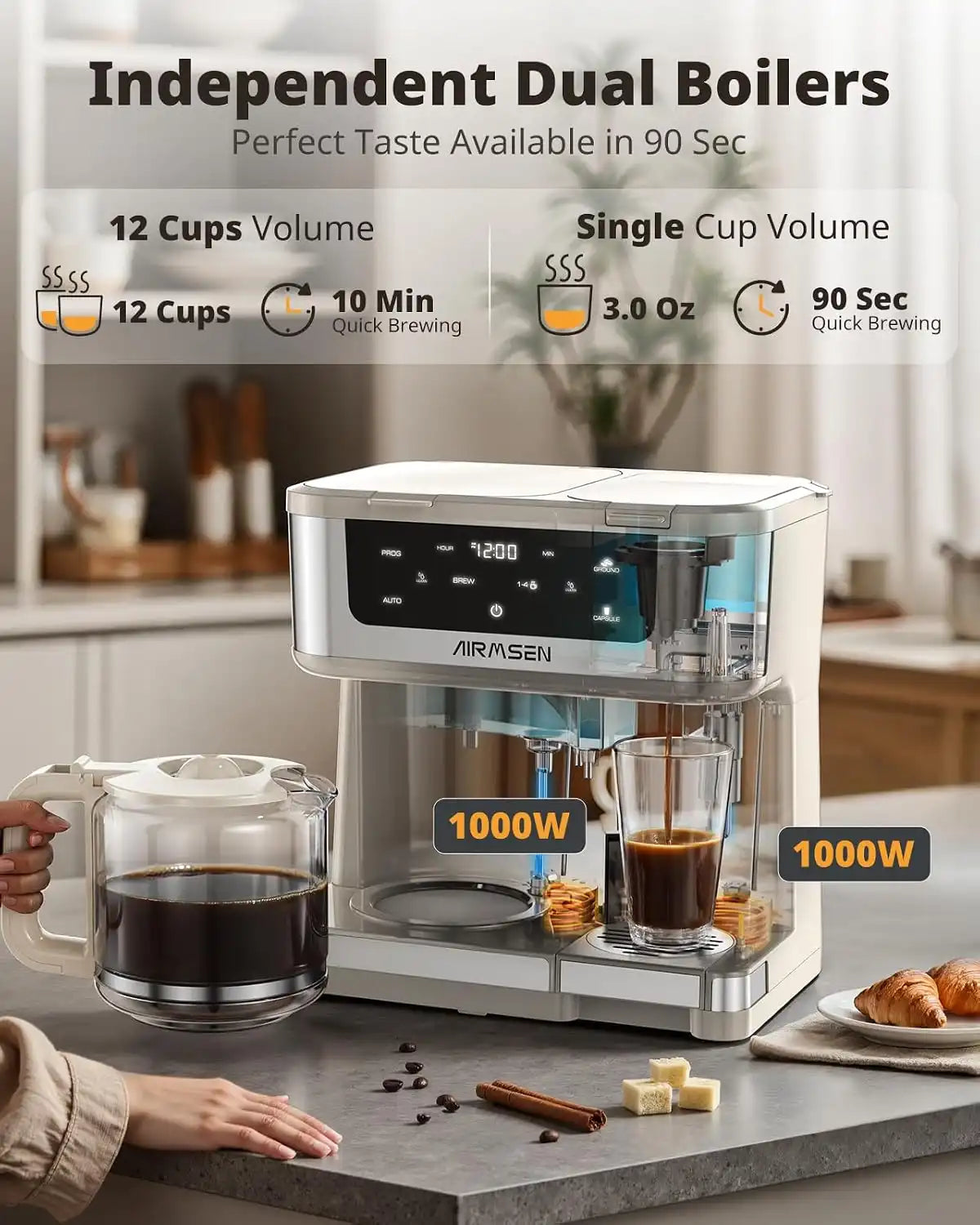 AIRMSEN 12-Cup Programmable Dual Coffee Maker – Single Serve Machine for K-Pods & Ground, 1000W Fast Brew, Delay Start, 2H Keep Warm, Touchscreen, 60oz Tank, Glass Carafe – Home & Office