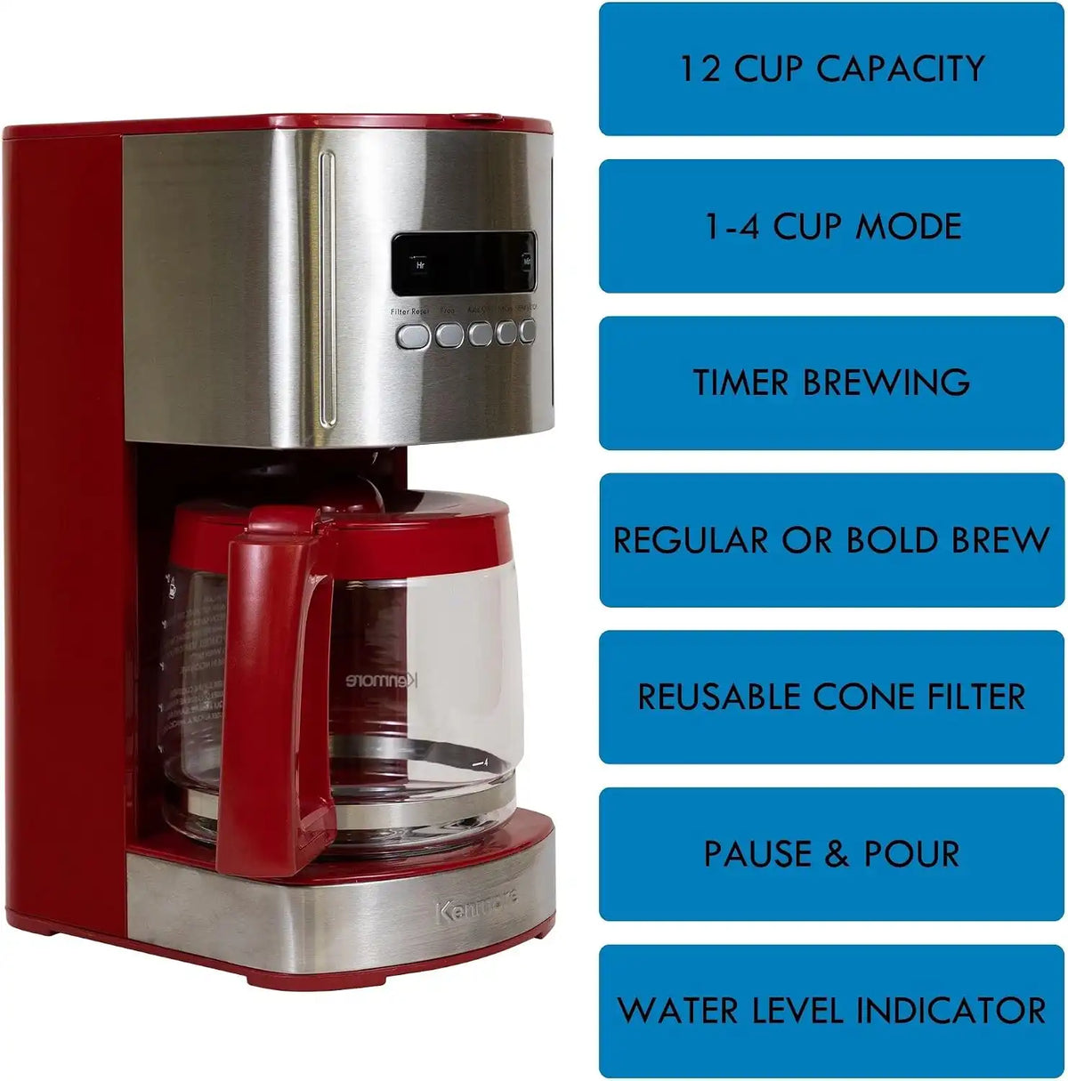 Kenmore 12-Cup Coffee Maker, Glass Carafe, Cafetera Programable, Red