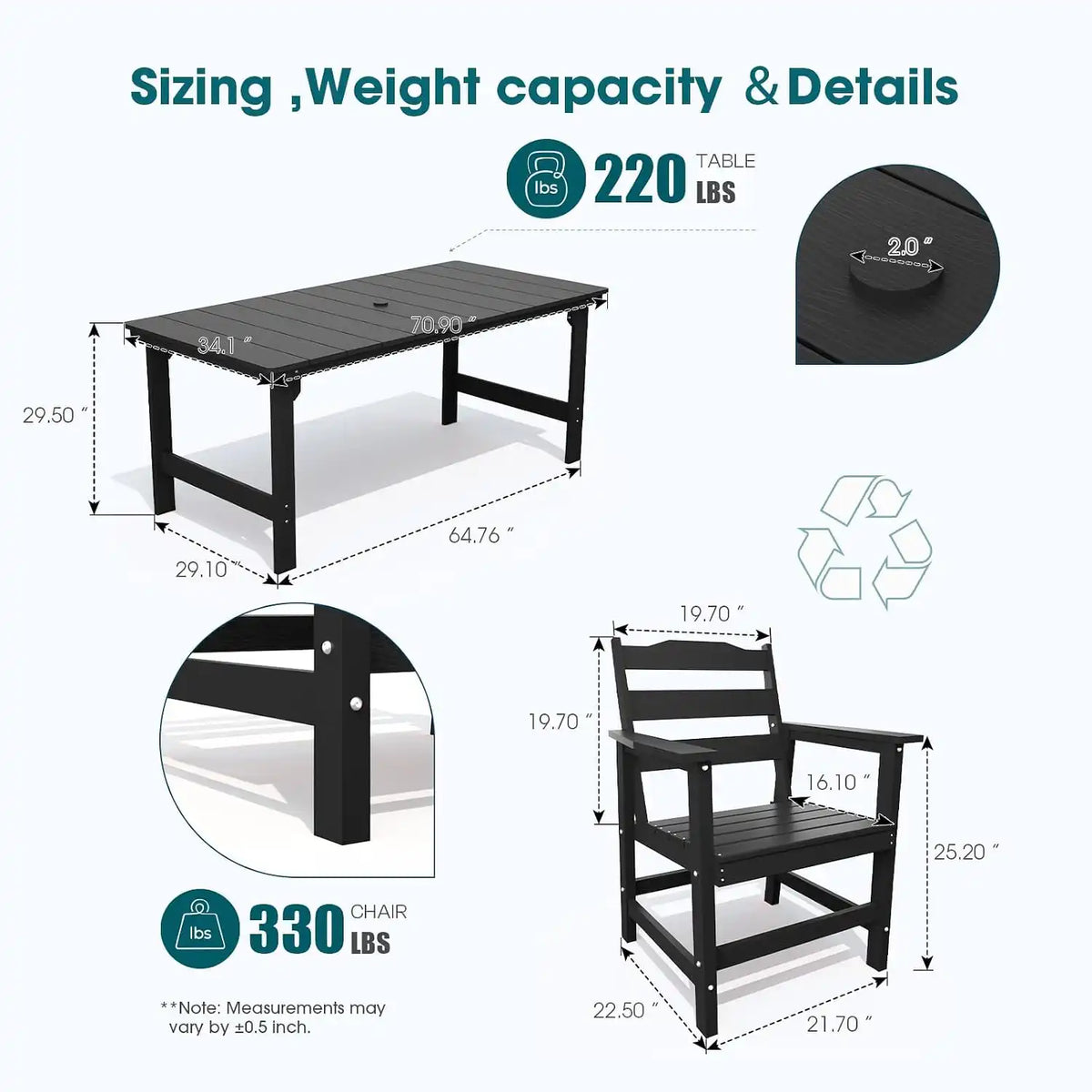 THOEOE Outdoor Dining Chair Set of 2, HDPE Patio Armchairs Black