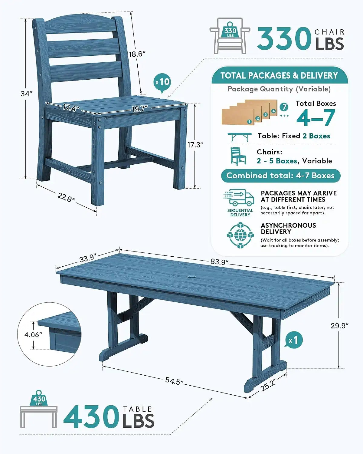 SERWALL 9Pcs 84" HDPE Outdoor Dining Set for 8 with Armless Chairs,Blue