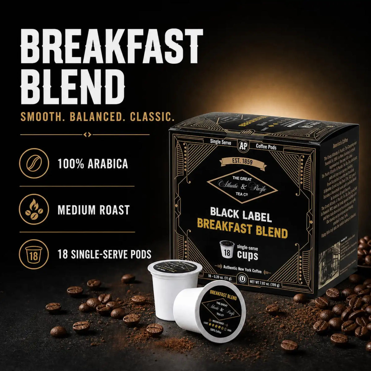 A&P Breakfast Blend Medium Roast Coffee Pods, 100% Arabica, 72 Count