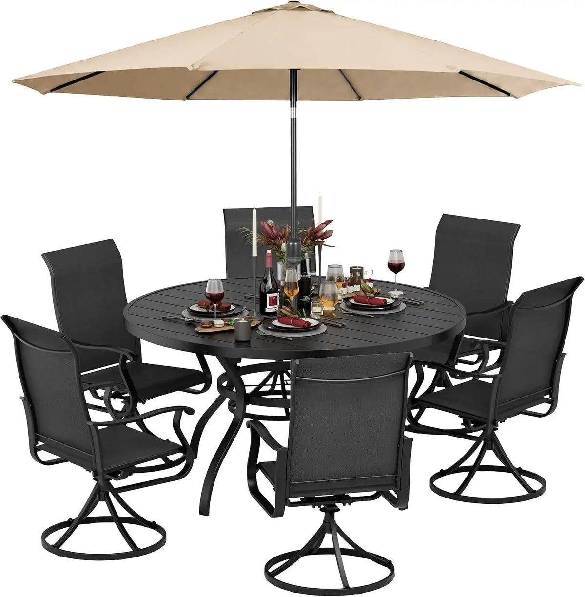 SUNCROWN 8-Piece Outdoor Dining Set, All Weather Patio Furniture Sets with 6 Black Swivel Textilene Mesh Chairs & Round Metal Table & 1 Brown 9Ft Umbrella for Deck Garden Backyard Poolside