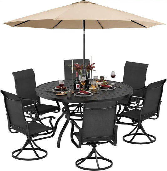 SUNCROWN 8-Piece Outdoor Dining Set, All Weather Patio Furniture Sets with 6 Black Swivel Textilene Mesh Chairs & Round Metal Table & 1 Brown 9Ft Umbrella for Deck Garden Backyard Poolside