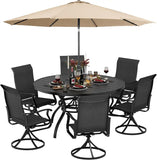SUNCROWN 8-Piece Outdoor Dining Set, All Weather Patio Furniture Sets with 6 Black Swivel Textilene Mesh Chairs & Round Metal Table & 1 Brown 9Ft Umbrella for Deck Garden Backyard Poolside