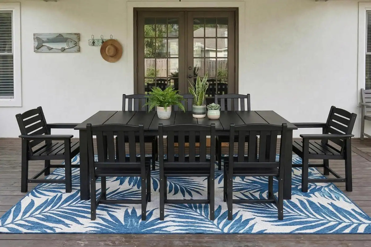 Perli™ 9-Piece Outdoor Dining Set, All-Weather HDPE Patio Furniture with 8 Ergonomic Chairs & Large Table, Built-in Umbrella Hole, UV-Resistant Set for Backyard, Deck, Poolside, Black