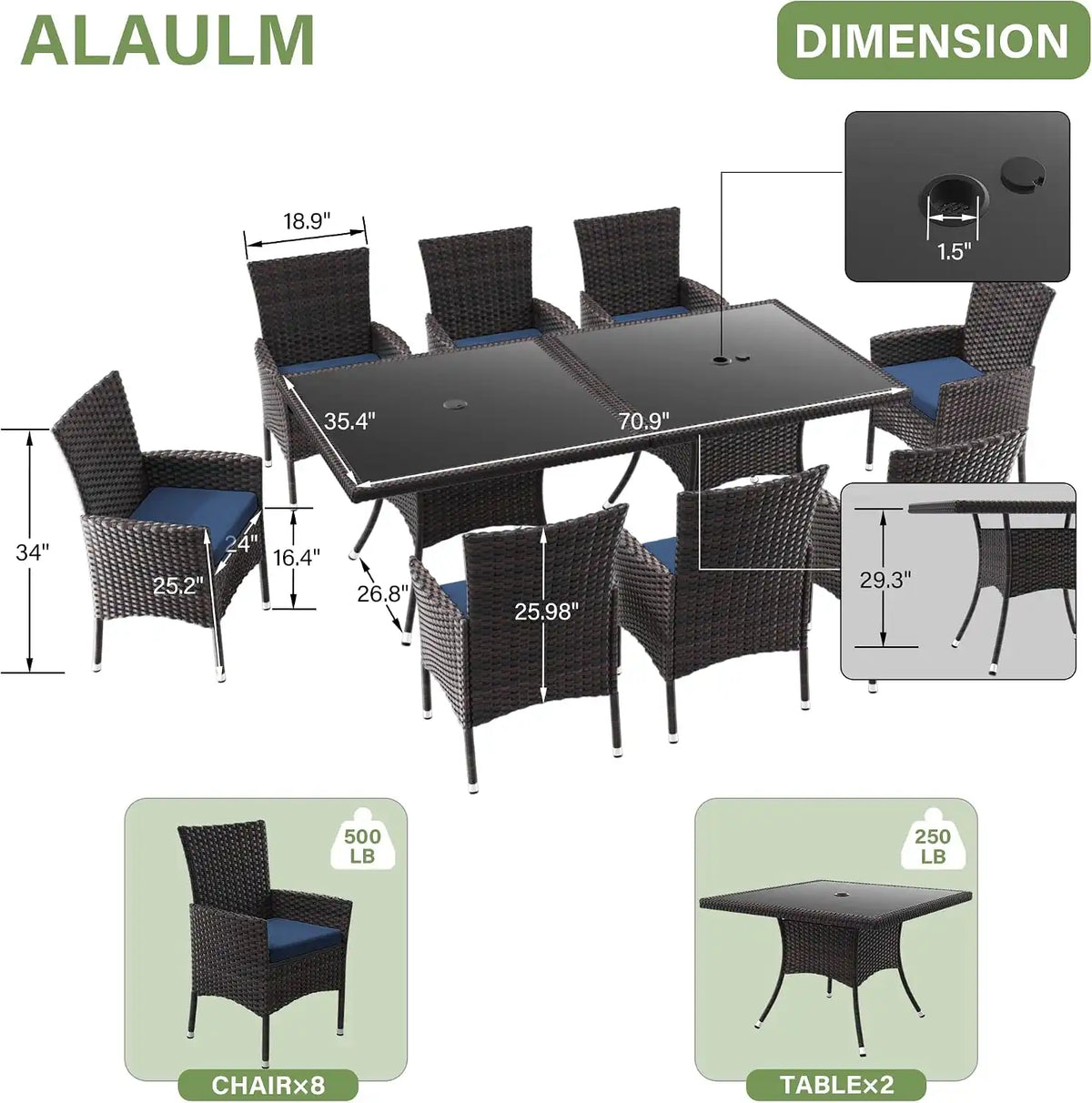 ALAULM 10 Piece Patio Dining Set All-Weather Wicker Outdoor Dining Table and Chairs w/Tempered Glass Tabletop, Removable Cushions and Umbrella Hole for Patio, Backyard, Garden, Poolside -DarkBu