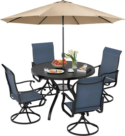 SUNCROWN 6-Piece Outdoor Dining Set, All Weather Patio Furniture Sets with 4 Dark Blue Swivel Textilene Mesh Chairs & Round Metal Table & 1 Brown 9Ft Umbrella for Deck Garden Backyard Poolside