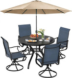 SUNCROWN 6-Piece Outdoor Dining Set, All Weather Patio Furniture Sets with 4 Dark Blue Swivel Textilene Mesh Chairs & Round Metal Table & 1 Brown 9Ft Umbrella for Deck Garden Backyard Poolside