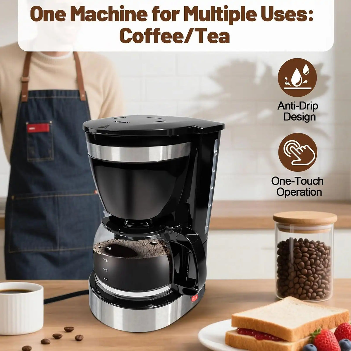 10 Cup Drip Coffee Maker One-Touch Anti-Drip Coffee Machine with Reusable Filter Carafe Auto Keep Warm Plate Spoon Coffee Pot Suitable for Home Use 110V