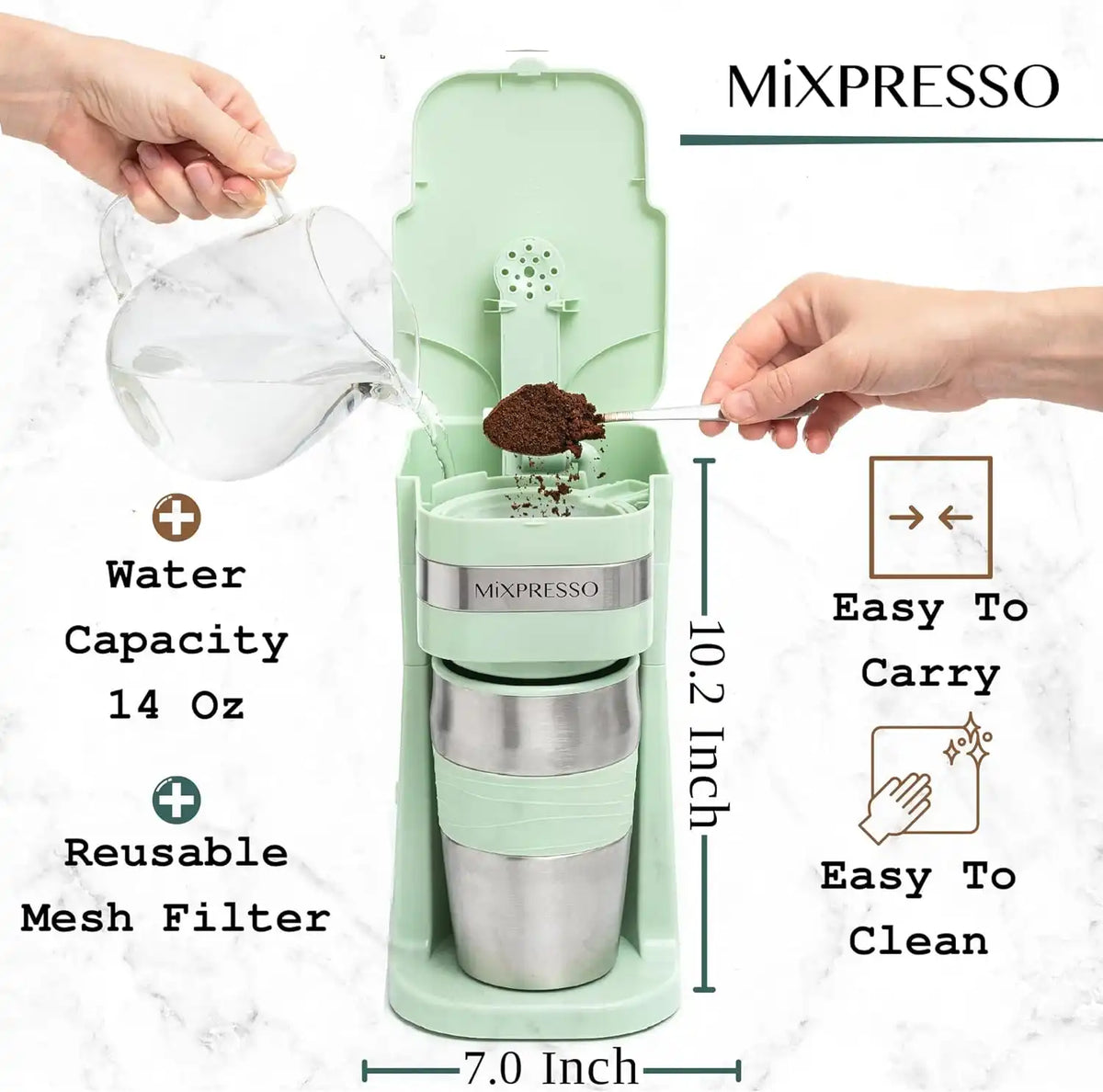 Mixpresso Single Serve & Single Cup Coffee Maker with 14oz Travel Mug Green
