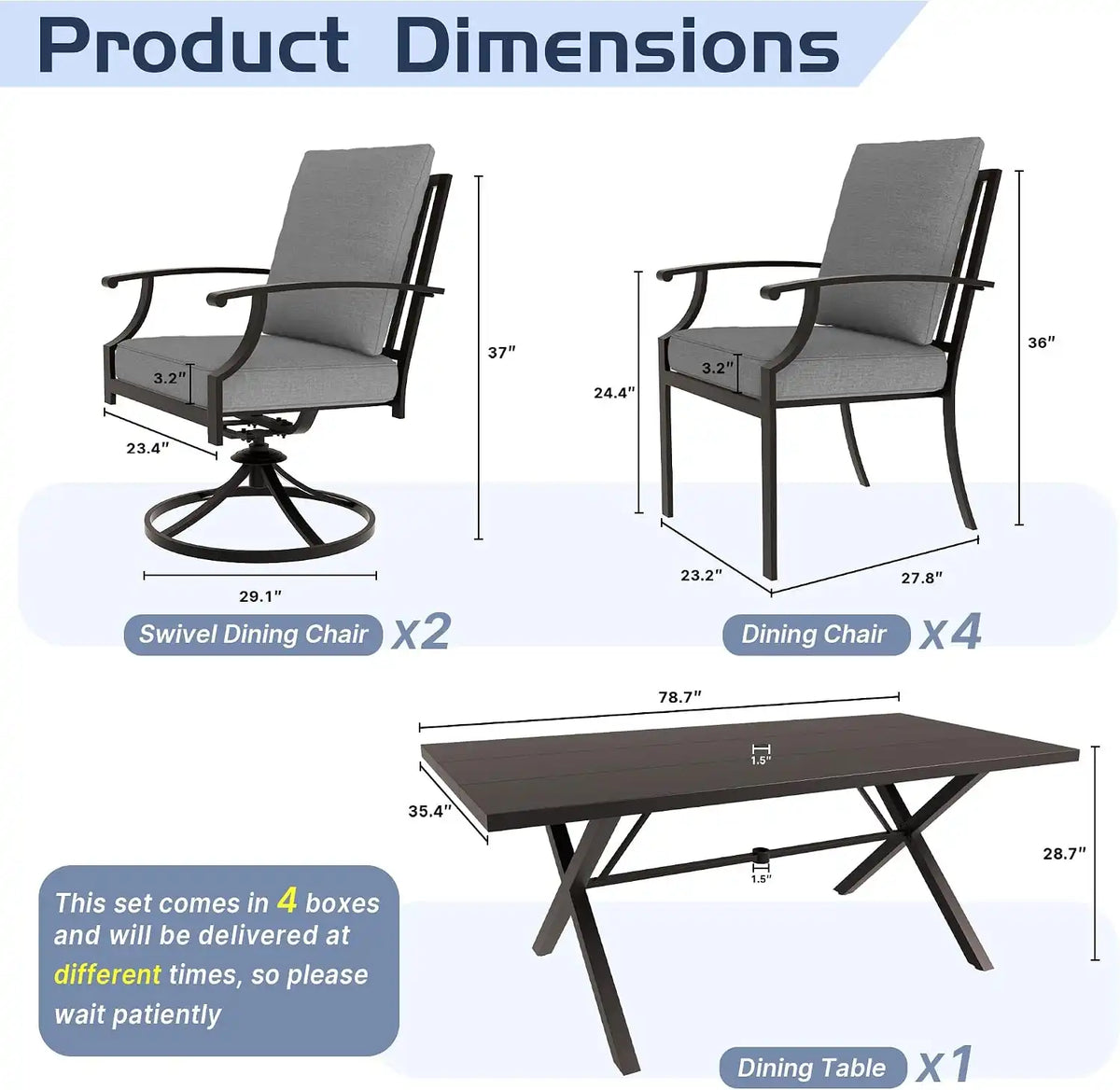 ALAULM 7-Piece Patio Dining Table and Chairs for 6 Outdoor Dining Set with 2 Swivel Chairs Patio Dining Sets with Rectangular Metal Table with Umbrella Hole for Patio, Backyard, Garden-Grey
