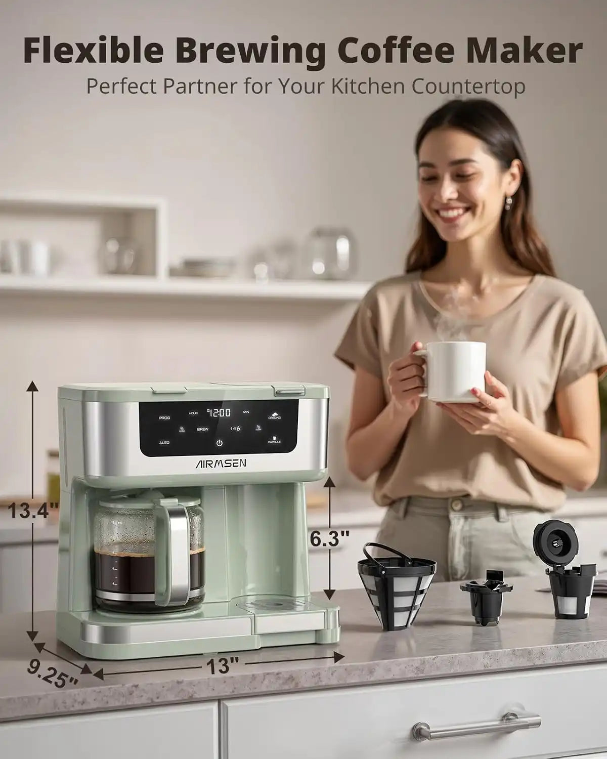 AIRMSEN 12-Cup Programmable Dual Coffee Maker – Single Serve Machine for K-Pods & Ground, 1000W Fast Brew, Delay Start, 2H Keep Warm, Touchscreen, 60oz Tank, Glass Carafe – Home & Office