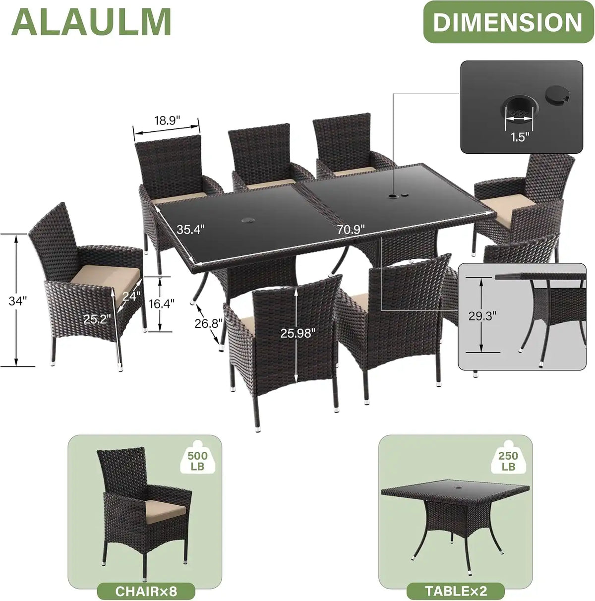ALAULM 10 Piece Outdoor Patio Dining Set for 8 All-Weather Wicker Patio Furniture Set w/Tempered Glass Tabletop, Removable Cushions and Umbrella Hole for Patio, Backyard, Garden, Poolside (Brown)