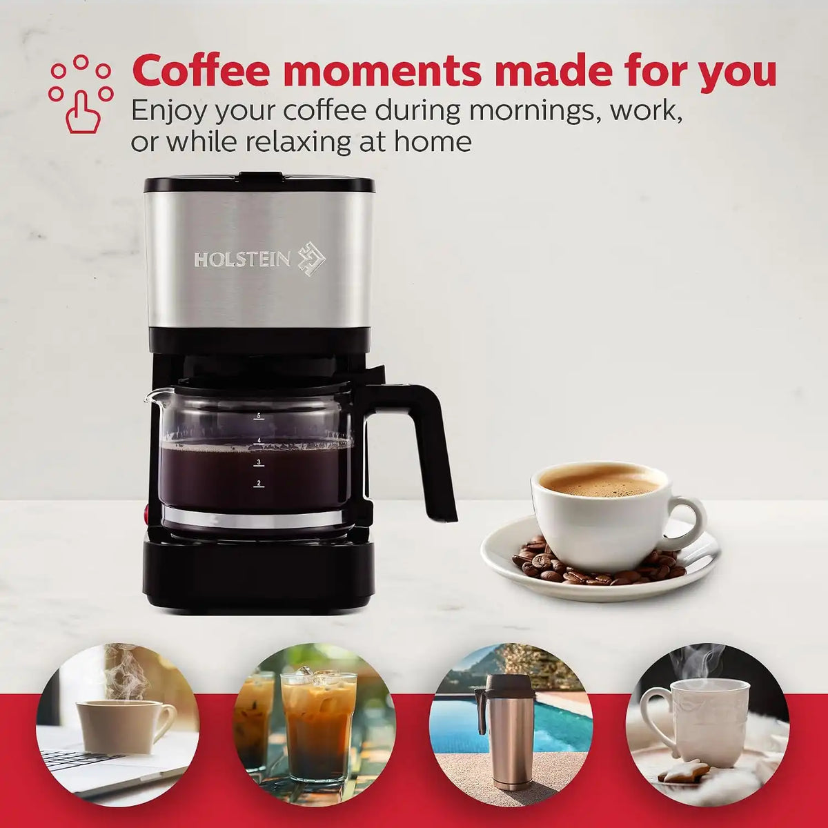 Holstein Housewares Simply Brew Stainless Steel Drip Coffee Maker 5 Cup Coffee with Reusable Filter, Drip Free, Dishwasher Safe Pot, Black