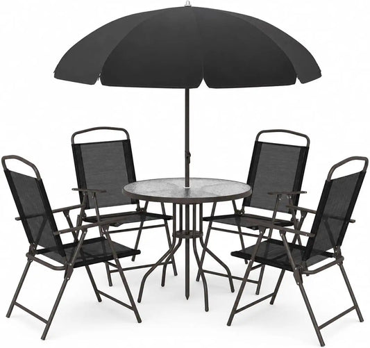 6-Piece Patio Dining Set for 4 with Umbrella (Black)