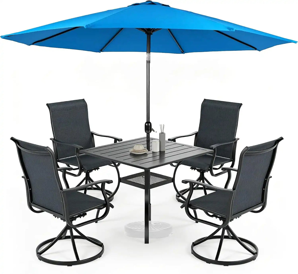 SUNCROWN 6-Piece Outdoor Dining Set, All Weather Patio Furniture Sets with 4 Black Swivel Textilene Mesh Chairs & Square Metal Table & 1 Light Blue 9Ft Umbrella for Deck Garden Backyard Poolside