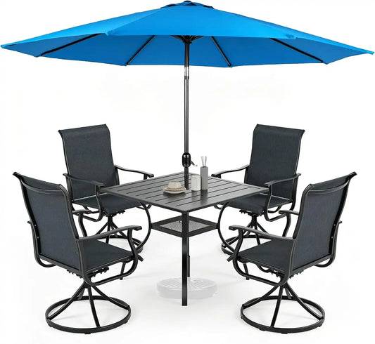 SUNCROWN 6-Piece Outdoor Dining Set, All Weather Patio Furniture Sets with 4 Black Swivel Textilene Mesh Chairs & Square Metal Table & 1 Light Blue 9Ft Umbrella for Deck Garden Backyard Poolside
