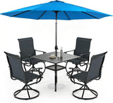 SUNCROWN 6-Piece Outdoor Dining Set, All Weather Patio Furniture Sets with 4 Black Swivel Textilene Mesh Chairs & Square Metal Table & 1 Light Blue 9Ft Umbrella for Deck Garden Backyard Poolside
