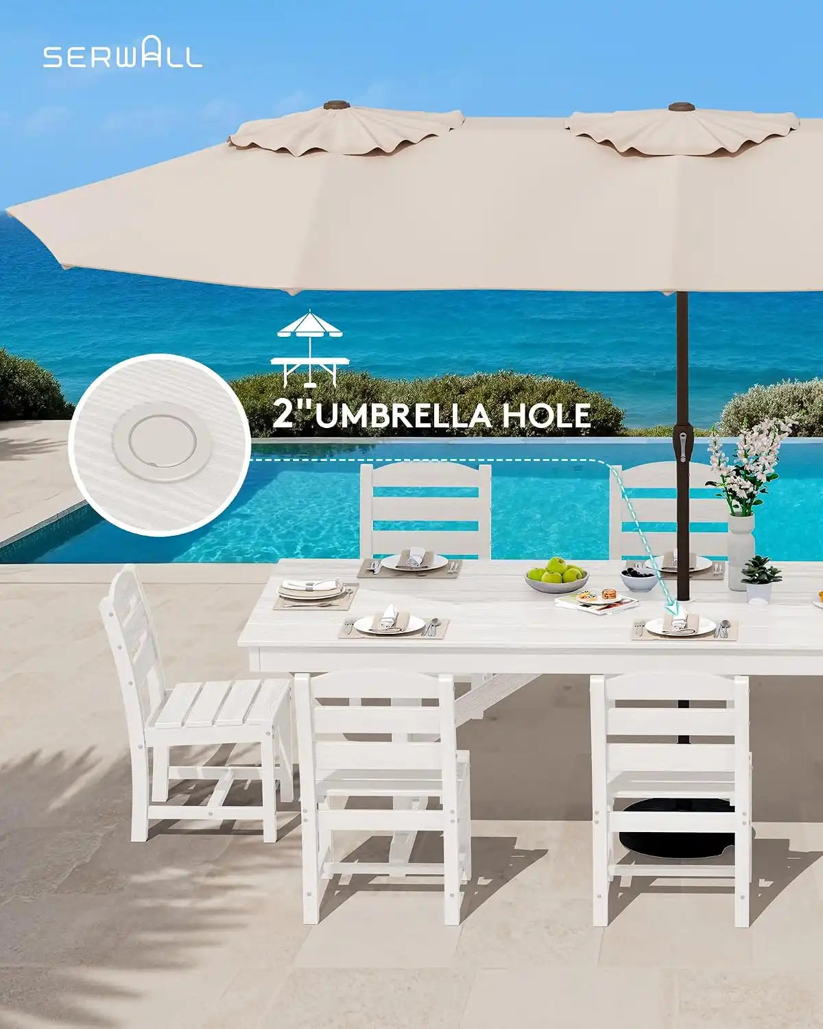 SERWALL 9Pcs 84" HDPE Outdoor Dining Set for 8 with Armless Chairs,White