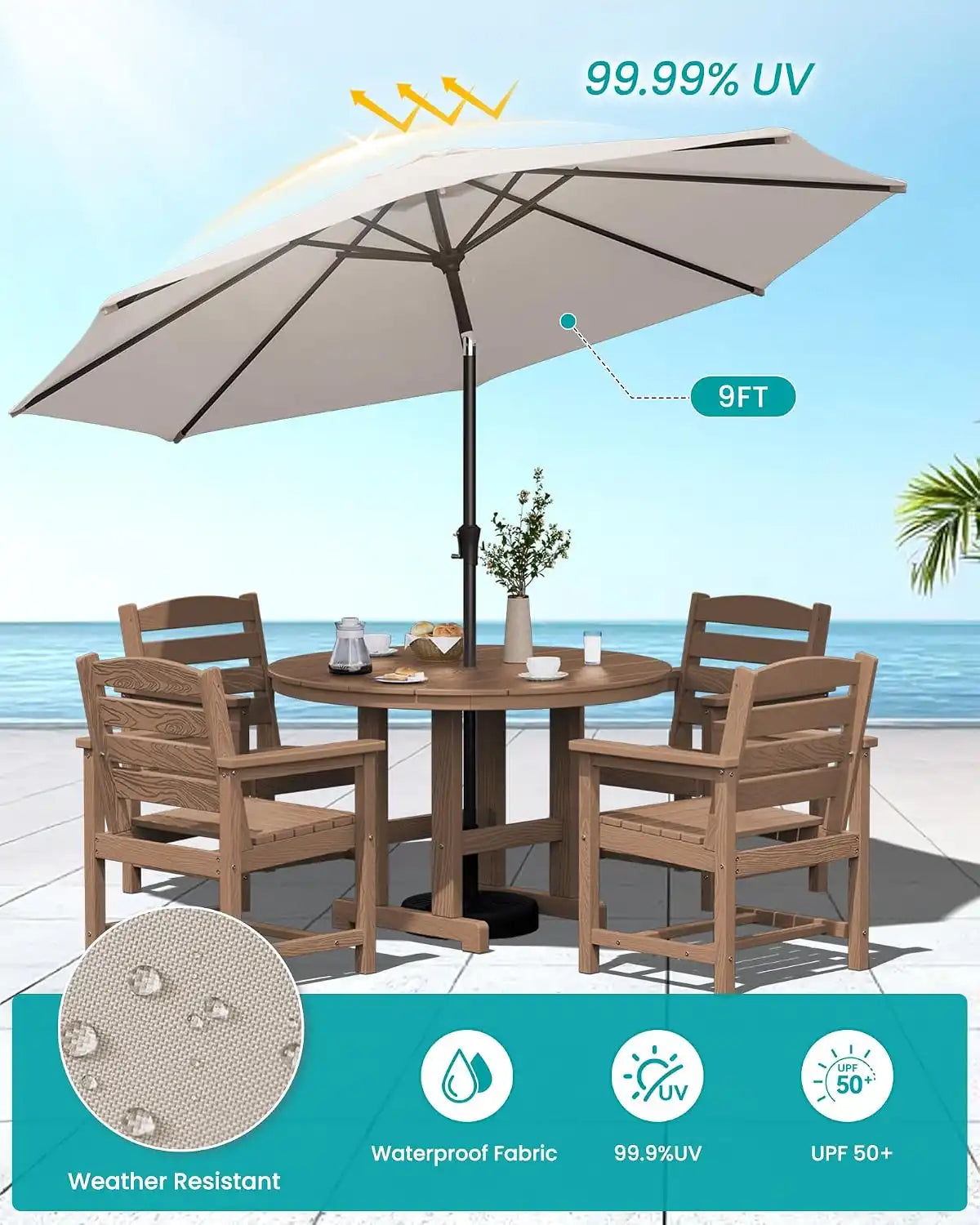 SERWALL 6-Pc Dining Set, 45" Table, 4 Chairs&9FT Umbrella, Brown (No Base)