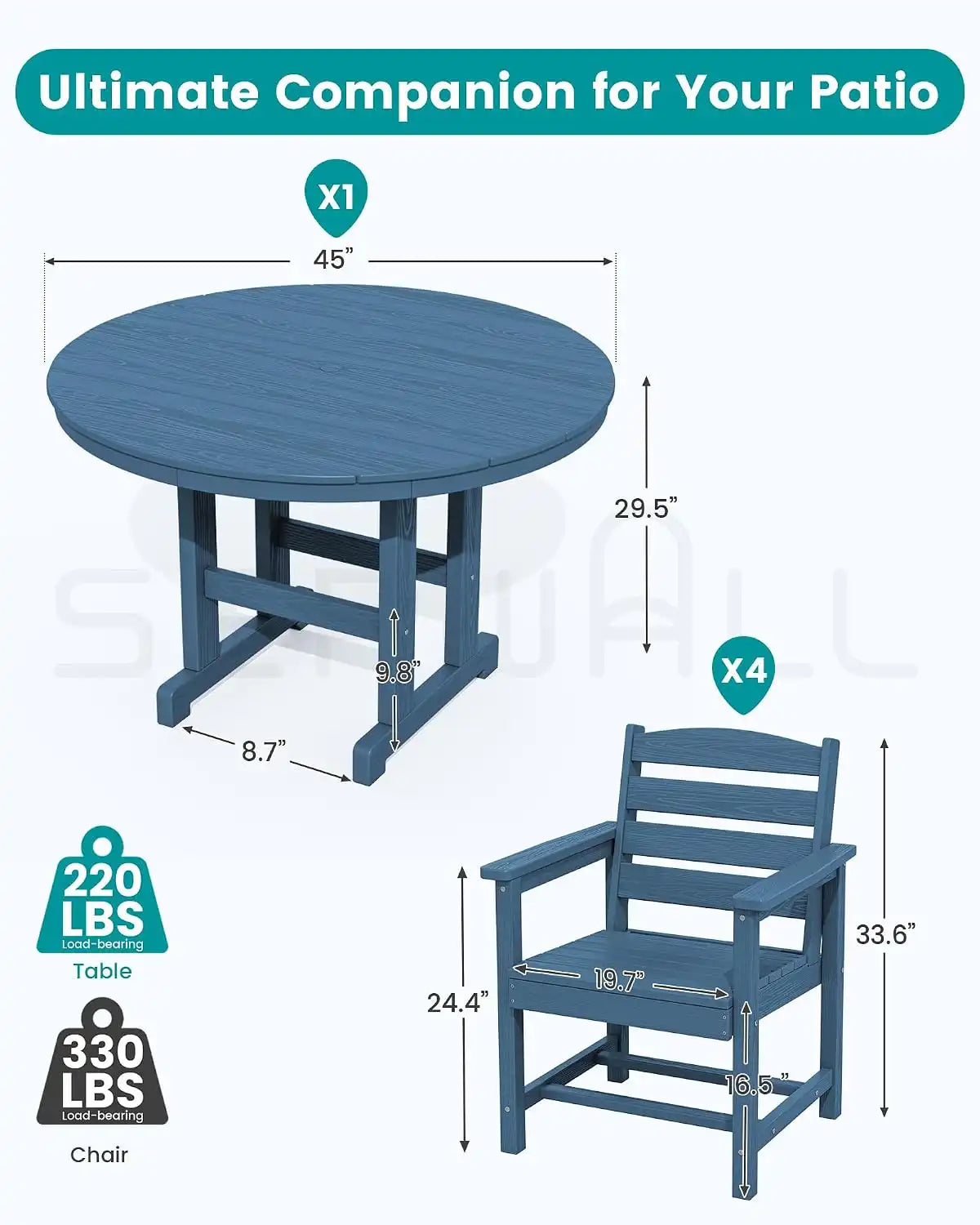 SERWALL 5-Piece Patio Round Dining Set, 45" Table, 4 Chairs, Navy