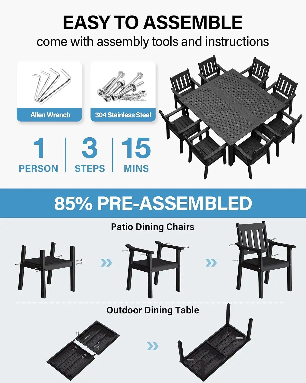 YEFU Outdoor Dining Set for 8, All-Weather HIPS, Aluminum Frame, Black