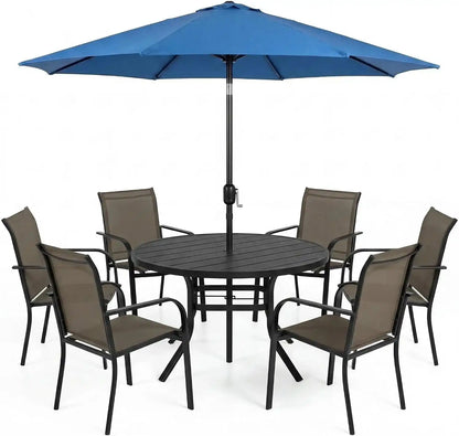 SUNCROWN 8 - Piece Outdoor Dining Set, Patio Furniture Set with 6 Textilene Dinning Chairs, 53" Metal Round Table and 1 Dark Blue 9Ft Patio Umbrella for Lawn Garden Backyard Deck, Brown