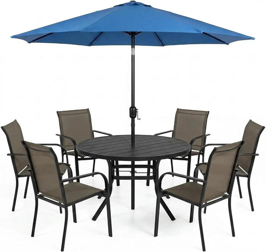 SUNCROWN 8 - Piece Outdoor Dining Set, Patio Furniture Set with 6 Textilene Dinning Chairs, 53" Metal Round Table and 1 Dark Blue 9Ft Patio Umbrella for Lawn Garden Backyard Deck, Brown