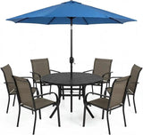 SUNCROWN 8 - Piece Outdoor Dining Set, Patio Furniture Set with 6 Textilene Dinning Chairs, 53" Metal Round Table and 1 Dark Blue 9Ft Patio Umbrella for Lawn Garden Backyard Deck, Brown