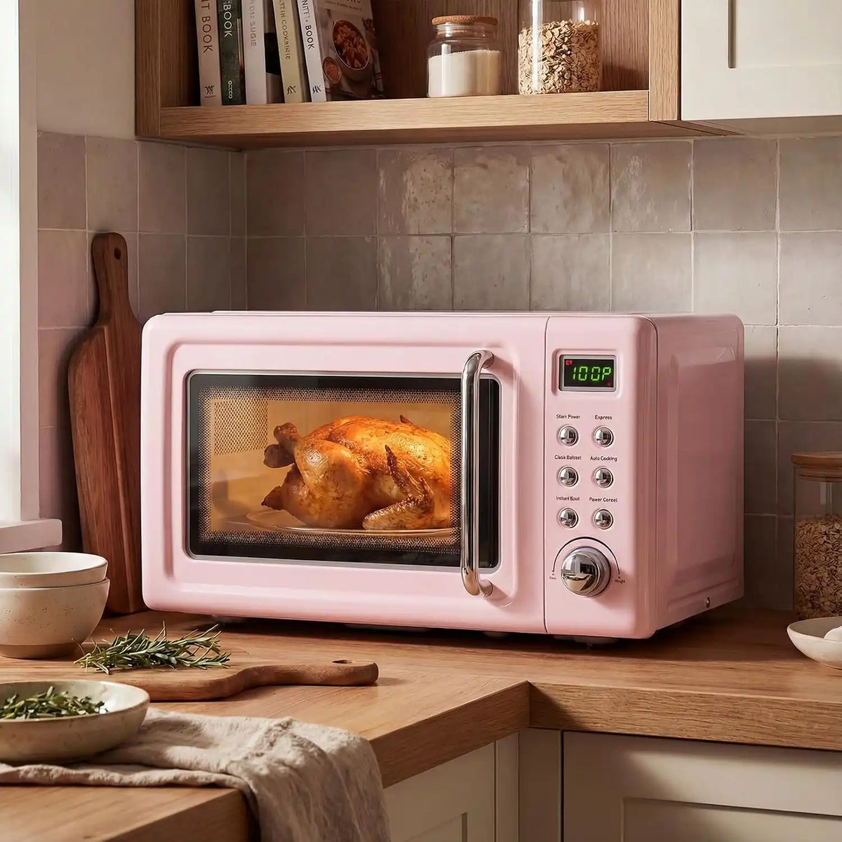 LDAILY 0.7Cu.ft Retro Small Microwave Oven, 700W Compact Countertop Microwave with 5 Power Levels, Auto Cooking Menus, Glass Turntable, Child Lock & Glass Turntable for Apartment, Dorm (Pink)