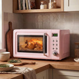 LDAILY 0.7Cu.ft Retro Small Microwave Oven, 700W Compact Countertop Microwave with 5 Power Levels, Auto Cooking Menus, Glass Turntable, Child Lock & Glass Turntable for Apartment, Dorm (Pink)
