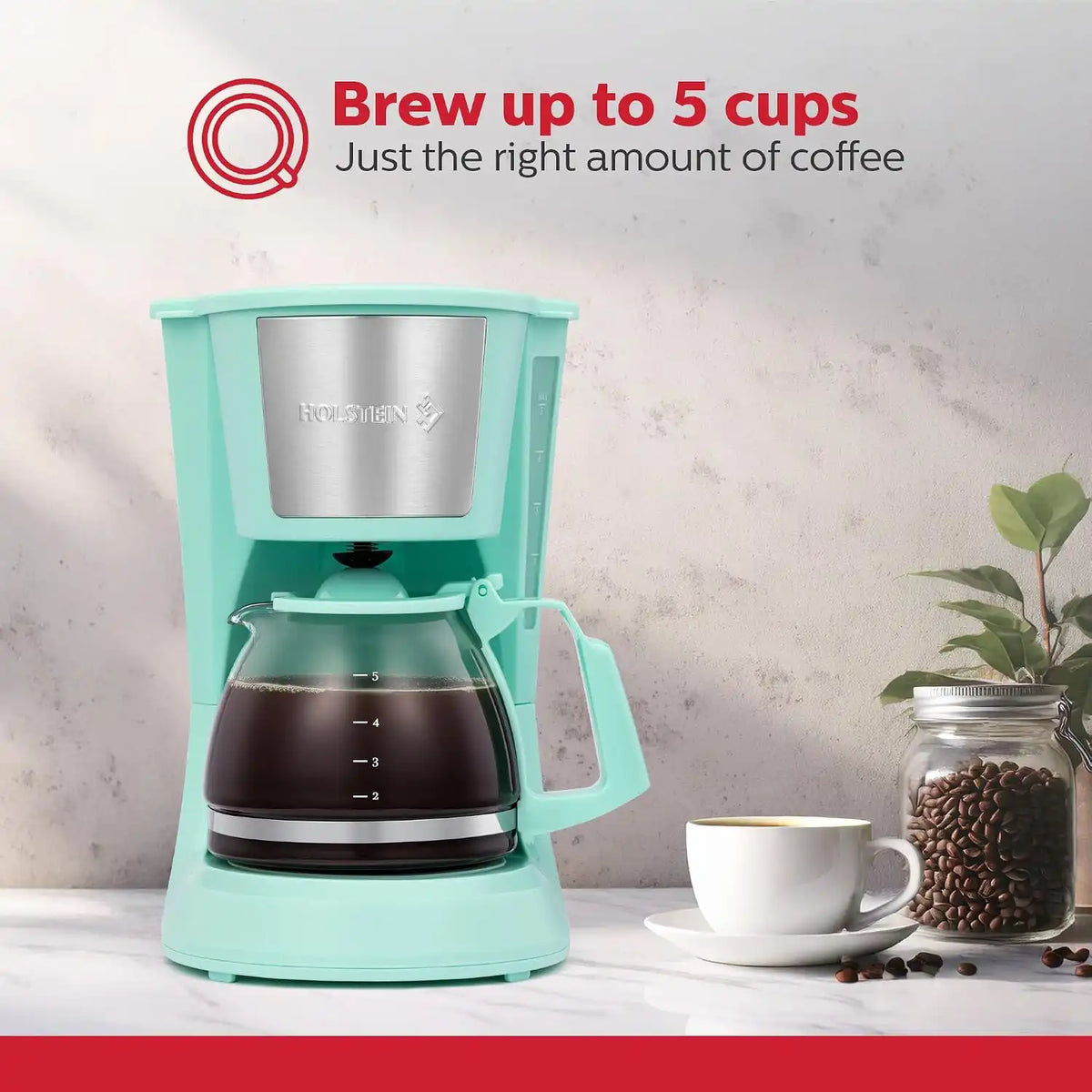 Holstein Housewares 5 Cup Drip Coffee Maker – Compact and User-Friendly with Auto Pause & Serve, Reusable Filter, Measuring Spoon & Glass Carafe, Office & Dorm Use, Mint