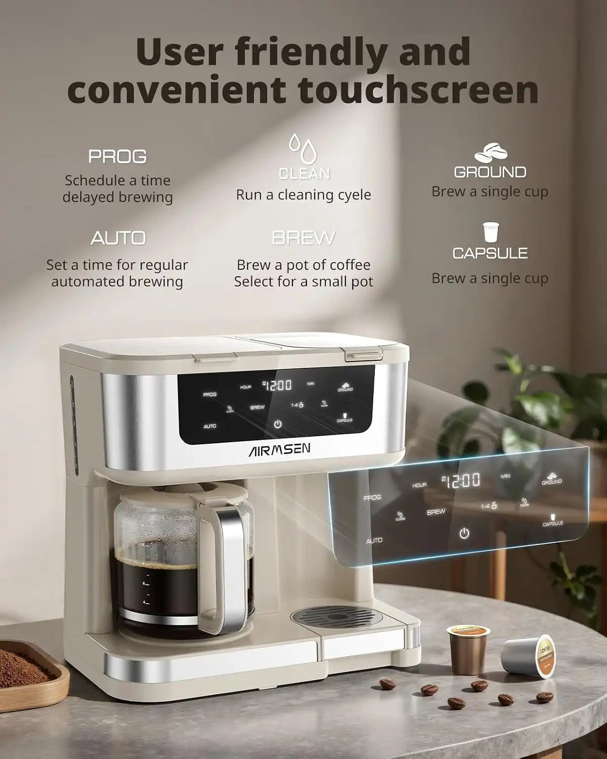 AIRMSEN 12-Cup Programmable Dual Coffee Maker – Single Serve Machine for K-Pods & Ground, 1000W Fast Brew, Delay Start, 2H Keep Warm, Touchscreen, 60oz Tank, Glass Carafe – Home & Office