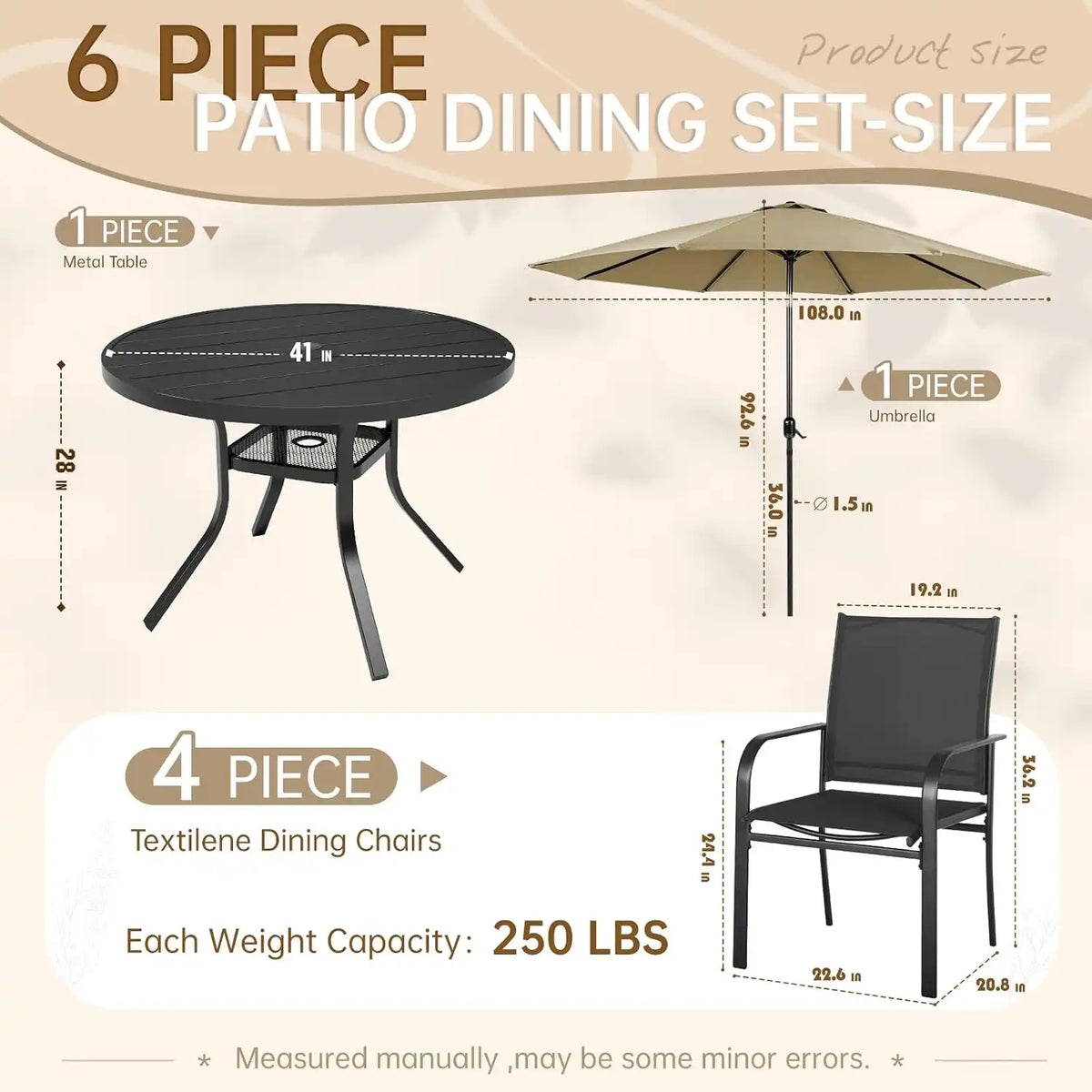 SUNCROWN 6 - Piece Outdoor Dining Set, Patio Furniture Set with 4 Textilene Dinning Chairs, 41" Metal Round Table and 1 Brown 9Ft Patio Umbrella for Lawn Garden Backyard Deck, Black