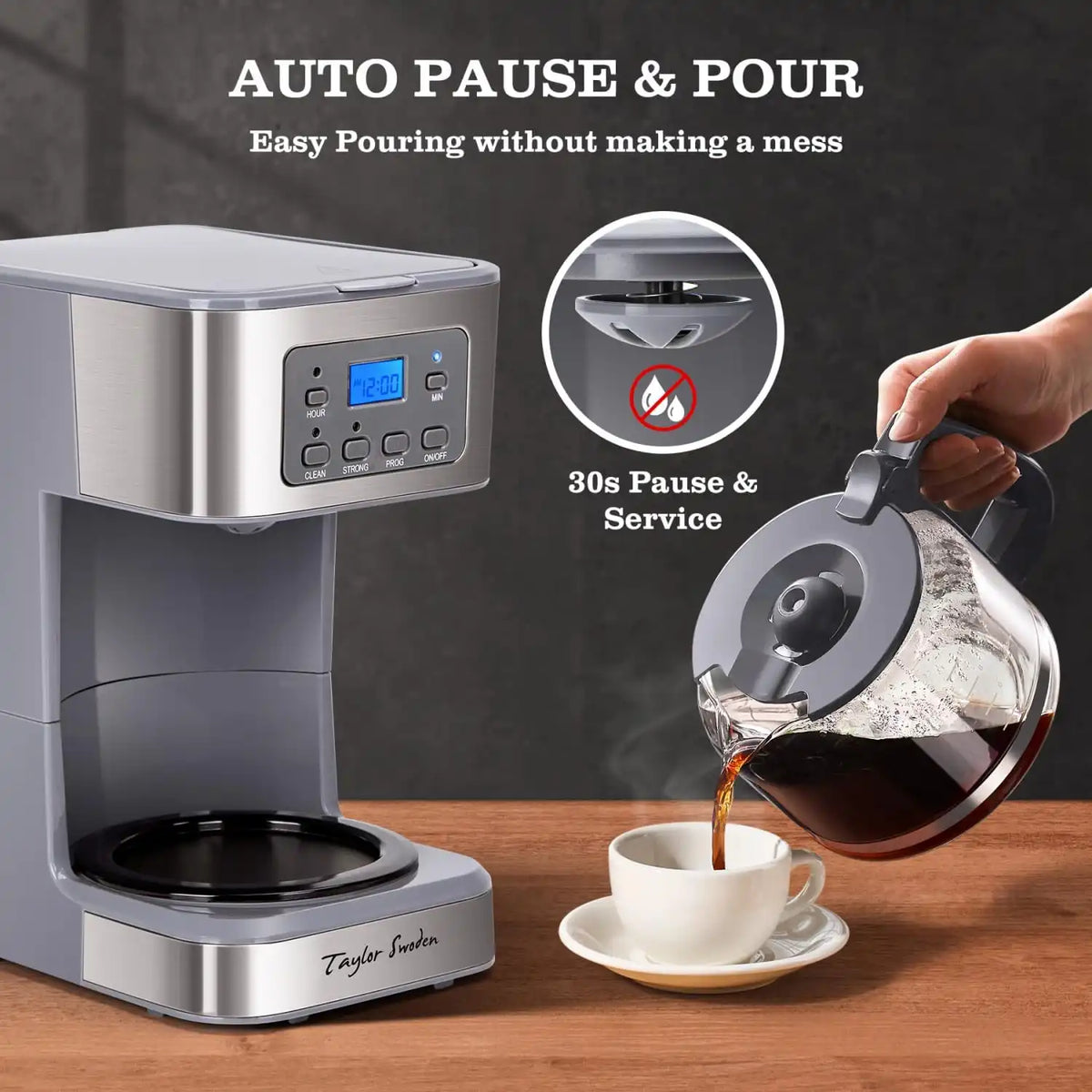 Taylor Swoden 12-Cup Programmable Coffee Maker, Gray & Stainless Steel