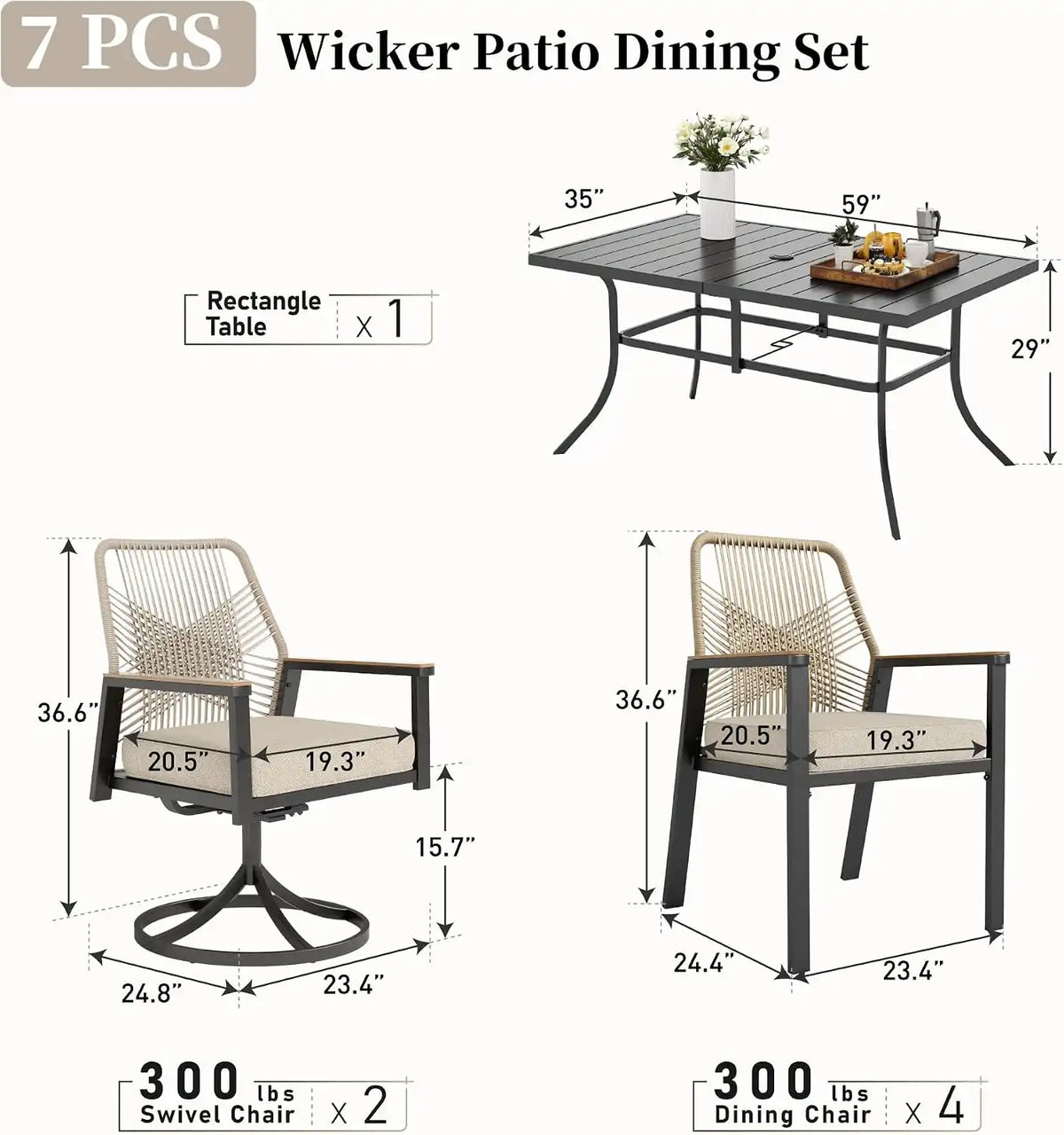 SUNSHINE VALLEY 7pc Patio Dining Set, 59" Metal Table & 6 Rattan Chairs