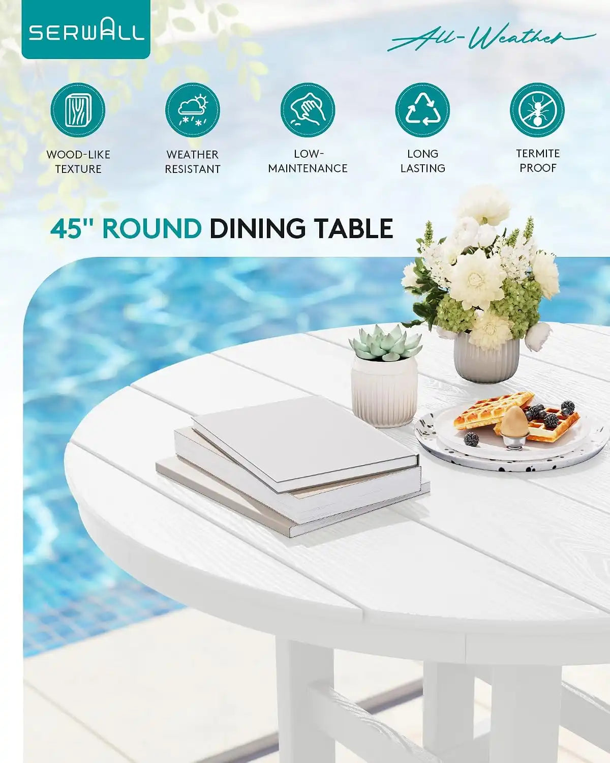 SERWALL 6-Pc Dining Set, 45" Table, 4 Chairs&9FT Umbrella, White (No Base)