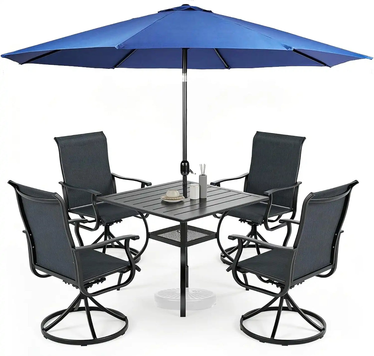 SUNCROWN 6-Piece Outdoor Dining Set, All Weather Patio Furniture Sets with 4 Black Swivel Textilene Mesh Chairs & Square Metal Table & 1 Dark Blue 9Ft Umbrella for Deck Garden Backyard Poolside
