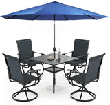 SUNCROWN 6-Piece Outdoor Dining Set, All Weather Patio Furniture Sets with 4 Black Swivel Textilene Mesh Chairs & Square Metal Table & 1 Dark Blue 9Ft Umbrella for Deck Garden Backyard Poolside