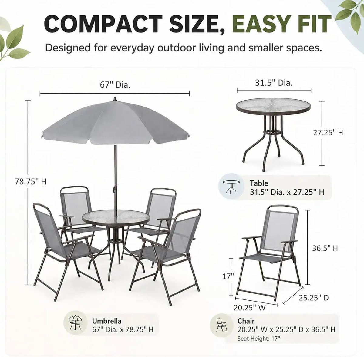 6-Piece Patio Dining Set for 4 with Umbrella, Gray
