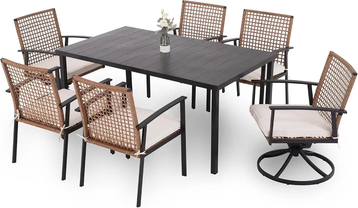 LAUSAINT HOME 7 Pieces Patio Dining Set, Outdoor Furniture Set of 6 Wicker Chairs (2 of Them Swivel) with Soft Cushion and Iron Slats Table Top with Umbrella Hole, Conversation Set for Backyard