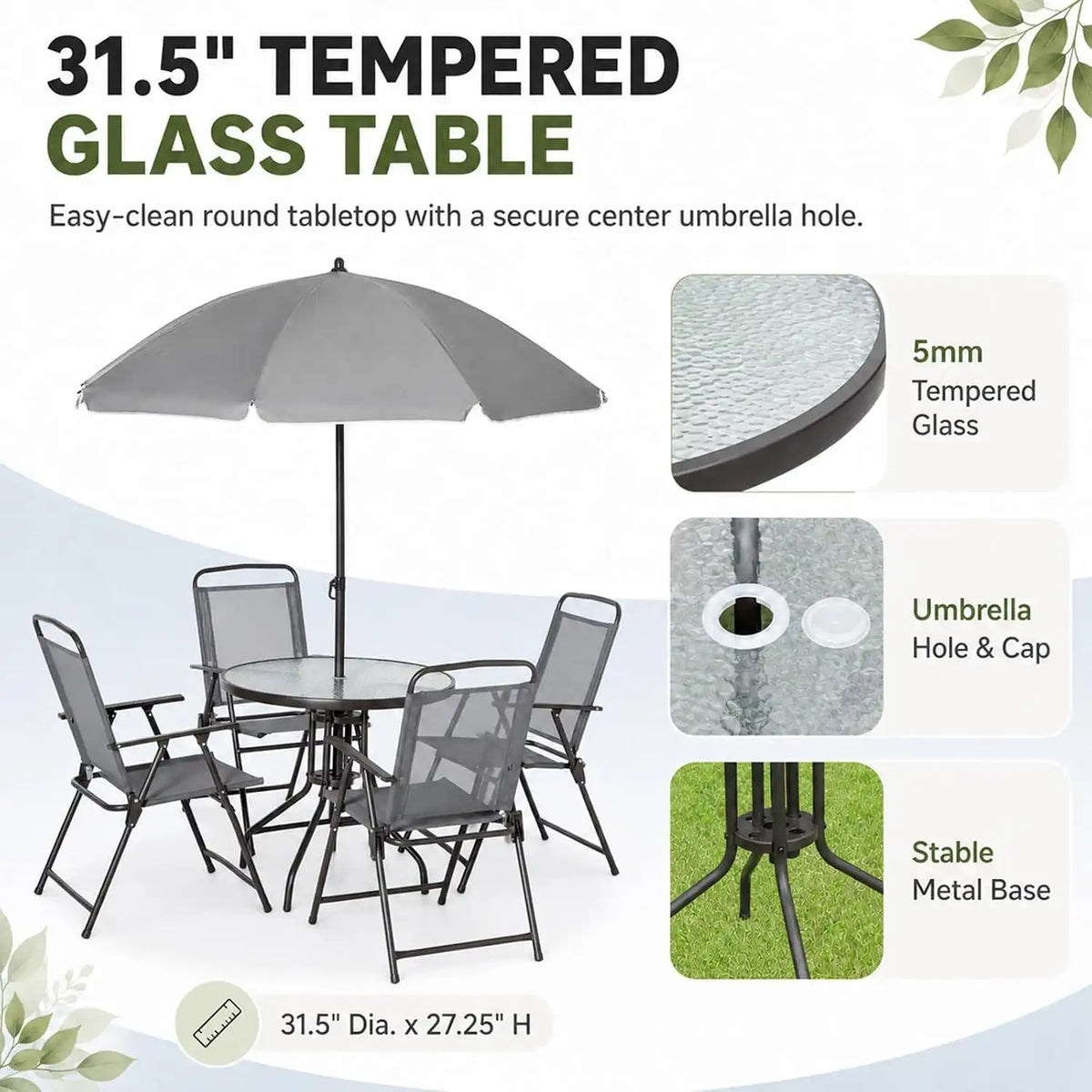 6-Piece Patio Dining Set for 4 with Umbrella, Gray