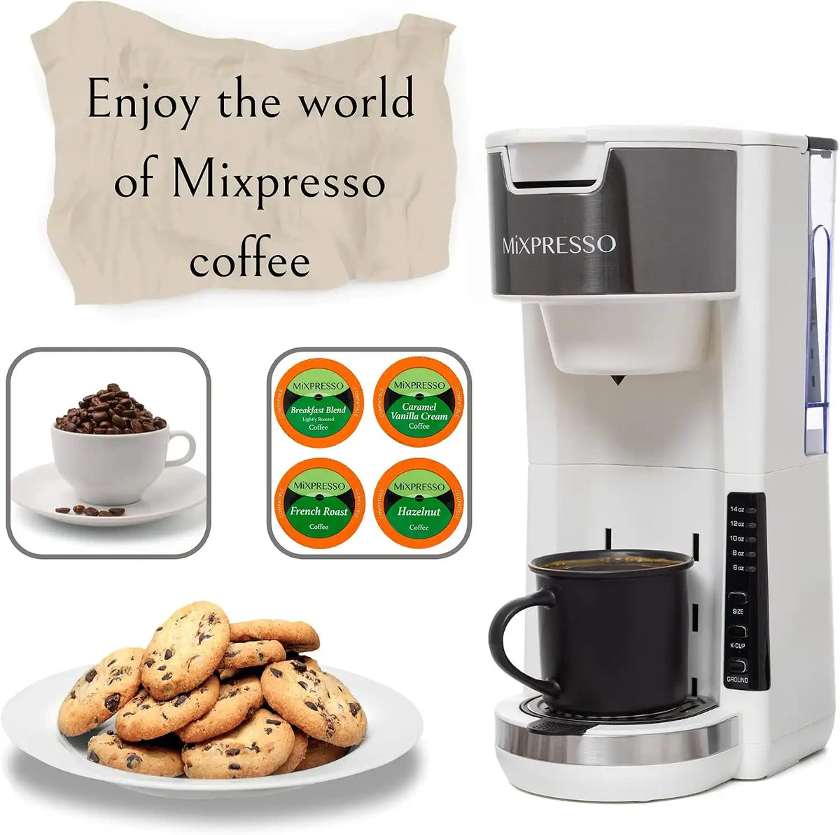 Mixpresso White Single Serve Coffee Brewer K-Cup Pods Compatible & Ground