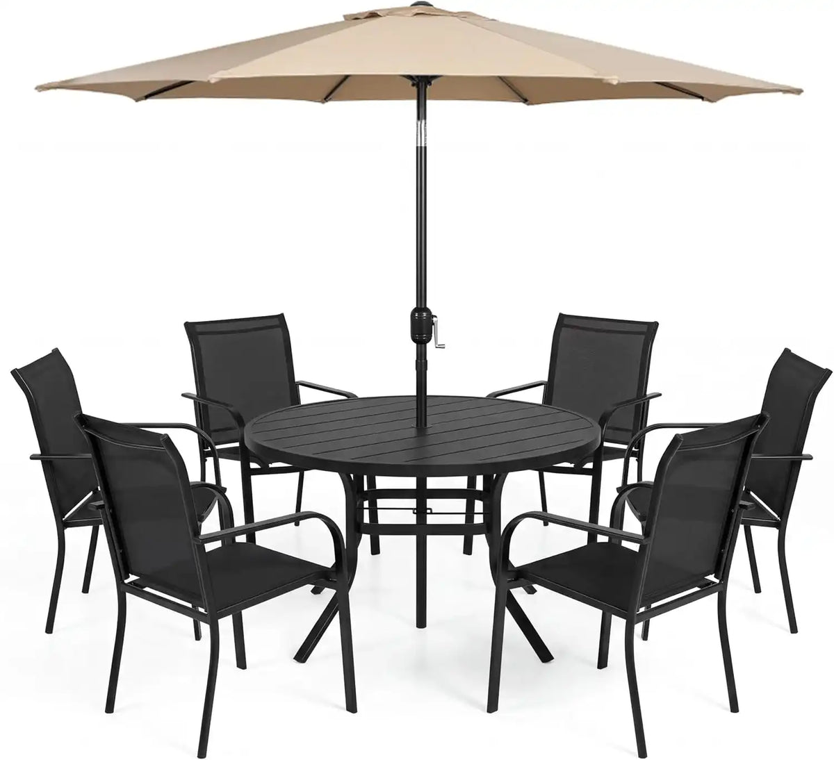 SUNCROWN 8 - Piece Outdoor Dining Set, Patio Furniture Set with 6 Textilene Dinning Chairs, 53" Metal Round Table and 1 Brown 9Ft Patio Umbrella for Lawn Garden Backyard Deck, Black